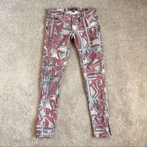 Monika Chiang Geometric Moto Skinny Pants Women's 25 Low Rise Ankle Zip Gray Red
